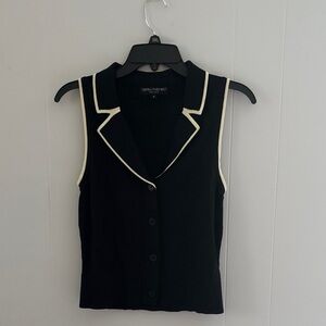 Central Park West Black Button-Up Top with Cream Trim
